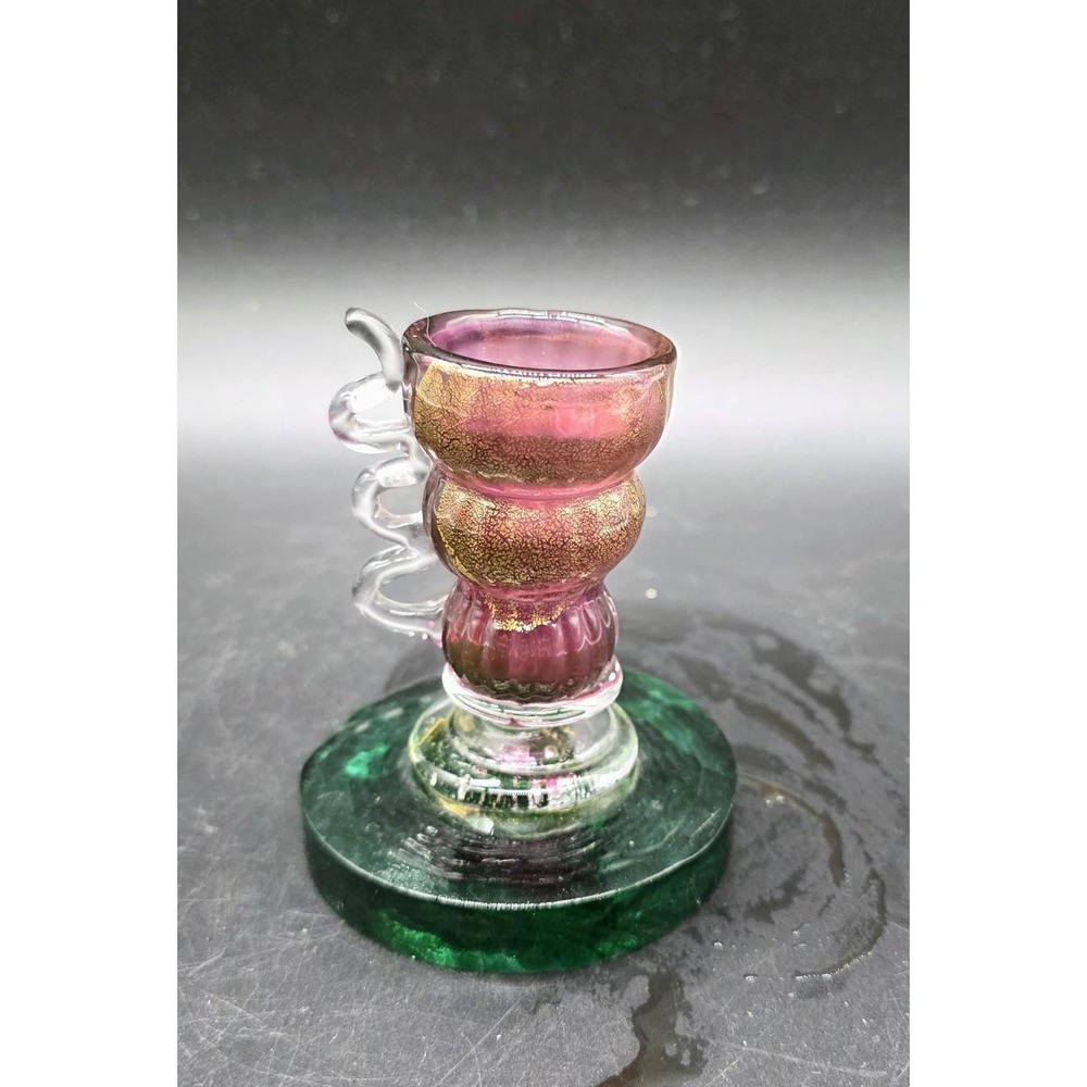 Vintage Studio Art Glass Handled‎ Candleabra Holder Green Red Signed 3.5"